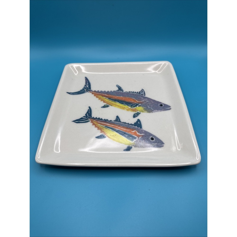 Studio Art Pottery Serving‎ Plate Signed Hendry Dual Fish Vtg Coastal Nautical